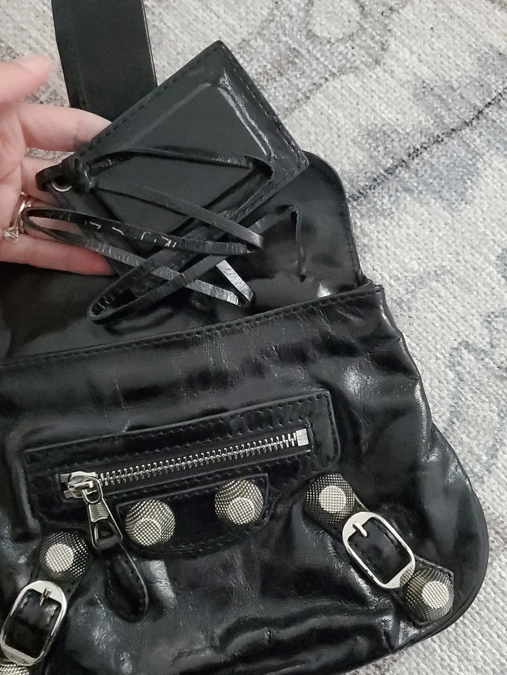Balenciaga Shiny Black Leather and Silver Pouch Flap Clutch Bag With Mirror